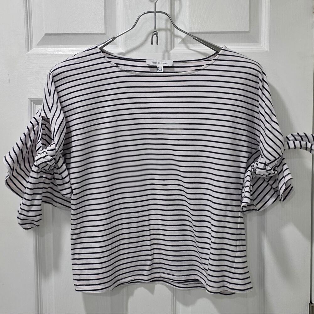 Pedro del Hierro Striped Boat Neck Top Tie Sleeve Blouse S